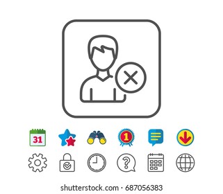 Remove User line icon. Profile Avatar sign. Male Person silhouette symbol. Calendar, Globe and Chat line signs. Binoculars, Award and Download icons. Editable stroke. Vector