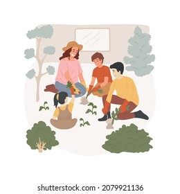 Remove weeds isolated cartoon vector illustration. Parents with kids remove weeds, backyard seasonal work, wearing gloves, children helping in the garden, pulling out grass cartoon vector.