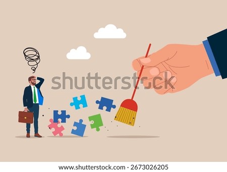 Removed  jigsaw puzzles. Hand sweeping puzzles being. Fake cooperation or project. Dealing with error. Flat vector illustration