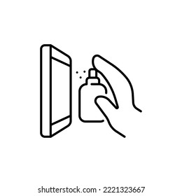 Removes streaks line icon. Wipes phone screen, glass cleaner, cleaning, degreasing, cleanliness, dust. General cleaning concept. Vector line icon in white background