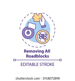 Removing all roadblocks concept icon. Overcoming procrastination tip idea thin line illustration. Setting goals. Not waiting for perfection. Vector isolated outline RGB color drawing. Editable stroke