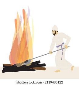 Removing the ashes from the Altar -A painting by a Jewish priest during the Temple period in Jerusalem. Wearing priestly garments: bonnet, plaid shirt and sash. Sweeping ash in a silver vessel. vector