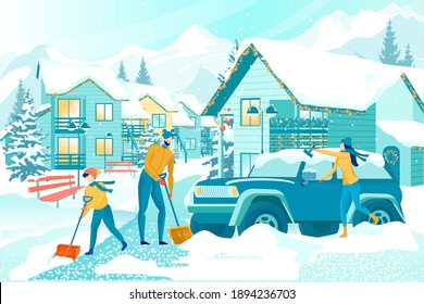 Removing Deep Snow After Snowfall. School Age Boy with Shovel Helping Parents to Clear Sidewalk in Front Their Two-Story Suburban House with Festive Decoration. Mom Clearing Car Roof with Brush.