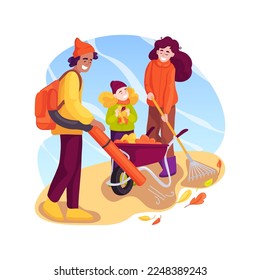 Removing fallen leaves isolated cartoon vector illustration. Man removing fallen leaves on the backyard with blower, kids collecting in a wheelbarrow, family doing garden work vector cartoon.