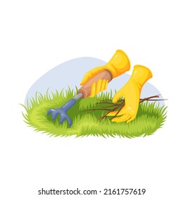 Removing fallen sticks from lawn vector illustration. Gardener hands with rake and dry twigs over grass colourful scene in cartoon style, isolated