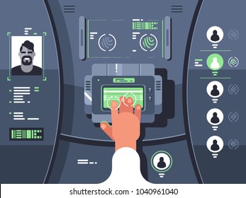 Removing fingerprints and identifying person. Technology of fingerprinting dactylography. Vector illustration