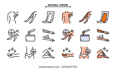 Removing hair by using sugaring or strip wax. Editable stroke. Beauty treatment icons. Waxing icons set. Female hair removal procedure. Depilation equipment. Body hair removal equipment collection. svg