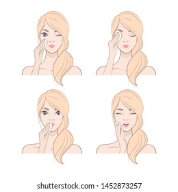 Removing makeup. Steps. Happy young blonde woman with clean fresh skin.  Vector illustration