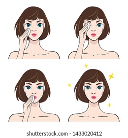 Removing makeup. Steps. Icons. Vector illustration in cartoon style.