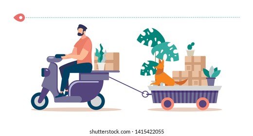 Removing to New House Flat Vector Concept with Man Riding Motor Scooter, Pulling Trailer Full of Home Stuff and Things Packed in Cardboard Boxes, Flowerpots with Live Plants and Dog Illustration