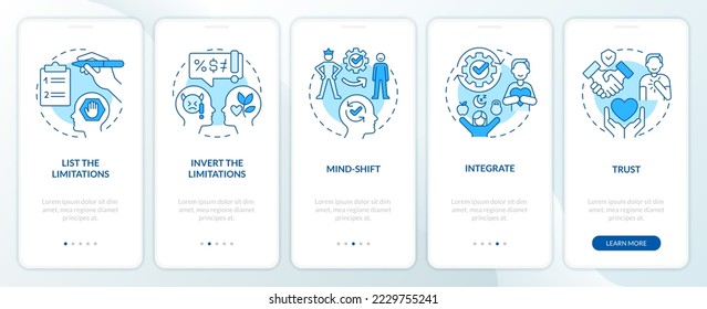 Removing personal limitations tips blue onboarding mobile app screen. Walkthrough 5 steps editable graphic instructions with linear concepts. UI, UX, GUI template. Myriad Pro-Bold, Regular fonts used