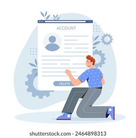 Removing private information from social media and the internet. Deleting personal information from servers. Flat vector illustration isolated on white background