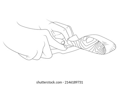 Removing salmon skin with a knife sketch illustration.