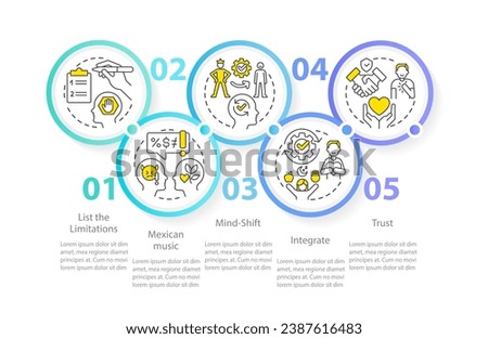 Removing self imposed barriers circle infographic template. Data visualization with 5 steps. Editable timeline info chart. Workflow layout with line icons. Myriad Pro-Regular font used