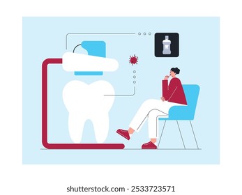 A remoção de manchas nos dentes pode ser feita com enxaguante bucal recomendado por um dentista, ilustração vetorial.