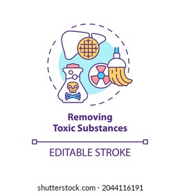 Removing toxic substances concept icon. Liver function idea thin line illustration. Waste products and toxins removing. Filtering blood. Vector isolated outline RGB color drawing. Editable stroke