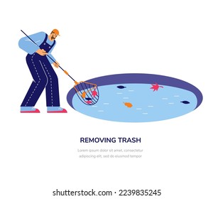 Removing trash of swimming pool operation with worker collects trash from the water with a net, flat cartoon vector illustration isolated on white background.