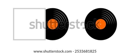 Removing vinyl record plate from the empty cover. LP or long play music disc isolated on white background. New single or song album concept. 60s 70s 80s nostalgia theme. Vector flat illustration.