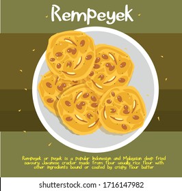 Rempeyek or peyek is a deep-fried savoury Javanese cracker made from flour rice flour with other ingredients, bound or coated by crispy flour batter. Popular among Malaysian and Indonesian. Vector 