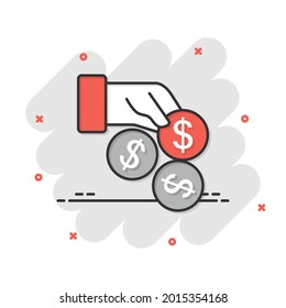 Remuneration icon in comic style. Money in hand cartoon vector illustration on white isolated background. Coin payroll splash effect business concept.