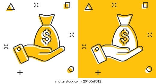 Remuneration icon in comic style. Money in hand cartoon vector illustration on white isolated background. Banknote payroll splash effect business concept.