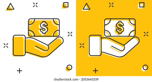 Remuneration icon in comic style. Money in hand cartoon vector illustration on white isolated background. Banknote payroll splash effect business concept.