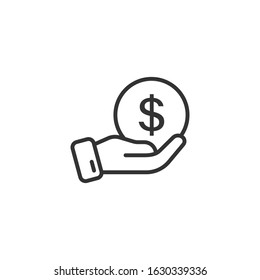 Remuneration Icon In Flat Style. Money In Hand Vector Illustration On White Isolated Background. Coin  Payroll Business Concept.