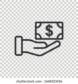 Remuneration icon in flat style. Money in hand vector illustration on white isolated background. Banknote payroll business concept.
