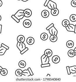 Remuneration icon in flat style. Money in hand vector illustration on white isolated background. Coin payroll seamless pattern business concept.