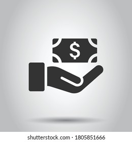 Remuneration icon in flat style. Money in hand vector illustration on white isolated background. Banknote payroll business concept.