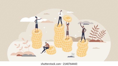 Remuneration And Salary For Employees Work With Money Tiny Person Concept. Pile Of Coins As Labor Earnings For Job Vector Illustration. Different Payment Amount For Same Task. Financial Pay With Cash.