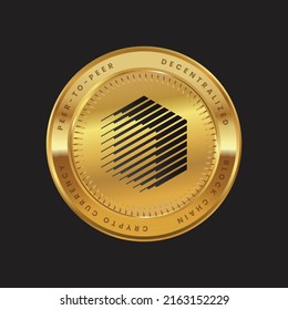 REN Cryptocurrency logo in black color concept on gold coin. Ren token Coin Block chain technology symbol. Vector illustration for banner, background, web, print, article.