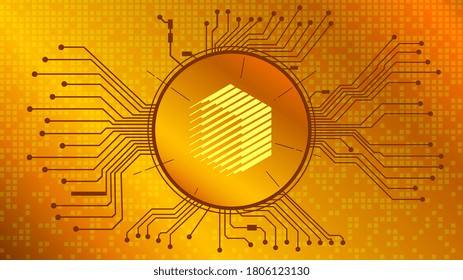 Símbolo REN criptodivisa (token) del proyecto DeFi en círculo con pistas PCB sobre fondo dorado. Icono de moneda. Programas de financiación descentralizada. EPS10 vectores.