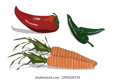 Ren, green peppers with two big carrot isolated on empty white background