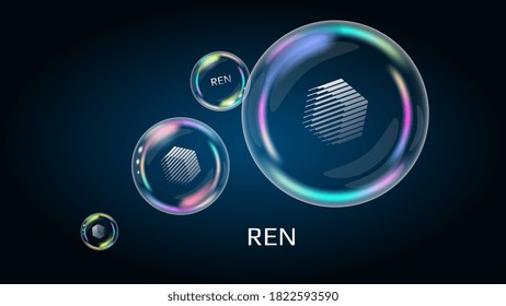 REN token symbol in soap bubble, coin DeFi project decentralized finance. The financial pyramid will burst soon and destroyed. Vector EPS10.