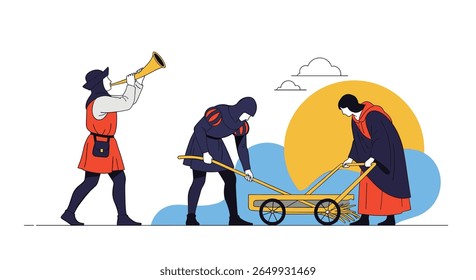 Revolução agrícola renascentista ilustrada com figuras históricas trabalhando a terra