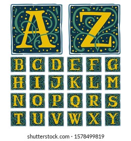Renaissance alphabet in dim vintage colors. Roman typeface, vector premium design template elements for identity, package, book, diploma, etc.