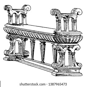 Renaissance Bench with beautifully crafted arm rest and pillars holding the seat, vintage line drawing or engraving illustration