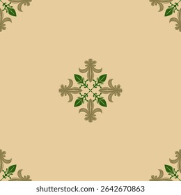 Renaissance Botany Seamless Royal Green Gold Scroll Ornament on Beige Background Repeat Detailed Pattern. Luxury Blooming Fleur de lis Cross Lily Royal Tiles Floor Design Mosaic Ceramic Rug Embroidery