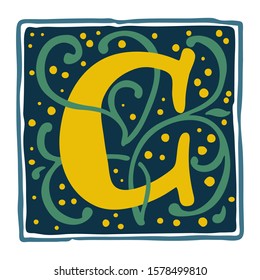 Renaissance C letter logo in dim vintage colors. Roman typeface, vector premium design template elements for identity, package, book, diploma, etc.