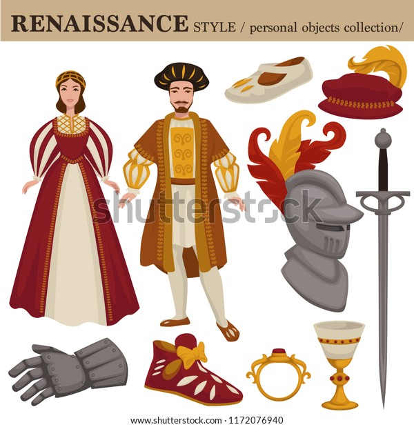 ルネサンス世紀のヨーロッパのレトロなファッションスタイルで 男性と女性の服 身近な装飾品 のベクター画像素材 ロイヤリティフリー