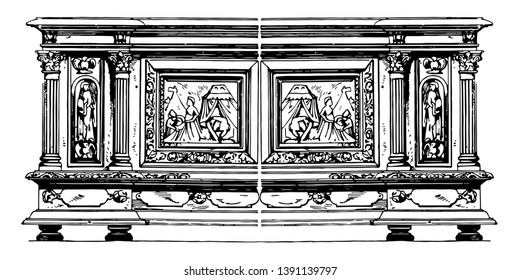 Renaissance Chest belonging to 17th century has 4 short legs to support the rectangular chest having 4 beautiful carvings along the length of box, vintage line drawing or engraving illustration