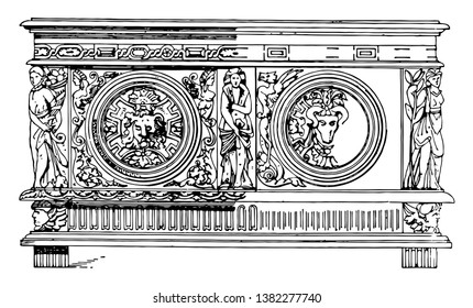 Renaissance chest is huge box with stand used for storing jewels, walls of chest have beautiful carvings, vintage line drawing or engraving illustration