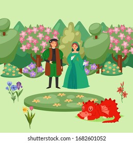 Renaissance clothing couple woman man character in medieval fashion vintage dress historical clothes and fairy dragon, summer blooming trees vector illustration. Couple in medieval cloths and dragon.