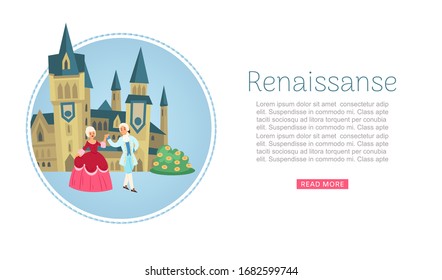 Renaissance clothing woman man character in wigs and medieval dress historical clothes and castle web banner vector illustration. Couple in medieval cloths dancing.