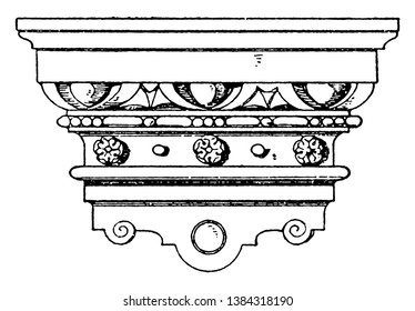 Renaissance Console is found in a castle in Baden-Baden, triangular shapes, aged brass or polished nickel, vintage line drawing or engraving illustration.