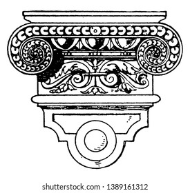 La consola renacentista imita el lavabo de vanidad dorico clásico, tallado en un solo bloque, curva de barrido flanqueada por pares , dibujo de línea vintage o ilustración de grabado.