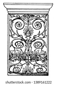 Renaissance Console is made out of marble, fabricated with a porcelain basin and stone, classic vanity sink, vintage line drawing or engraving illustration.