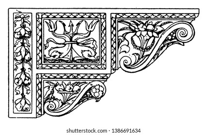 Renaissance Console is a Venetian design, combination of several smaller console, form a composite, vintage line drawing or engraving illustration.