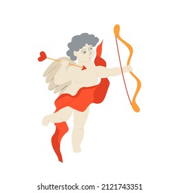 Renaissance cupid with bow and arrow. Cute baby angel. Vector flat illustration on isolated background